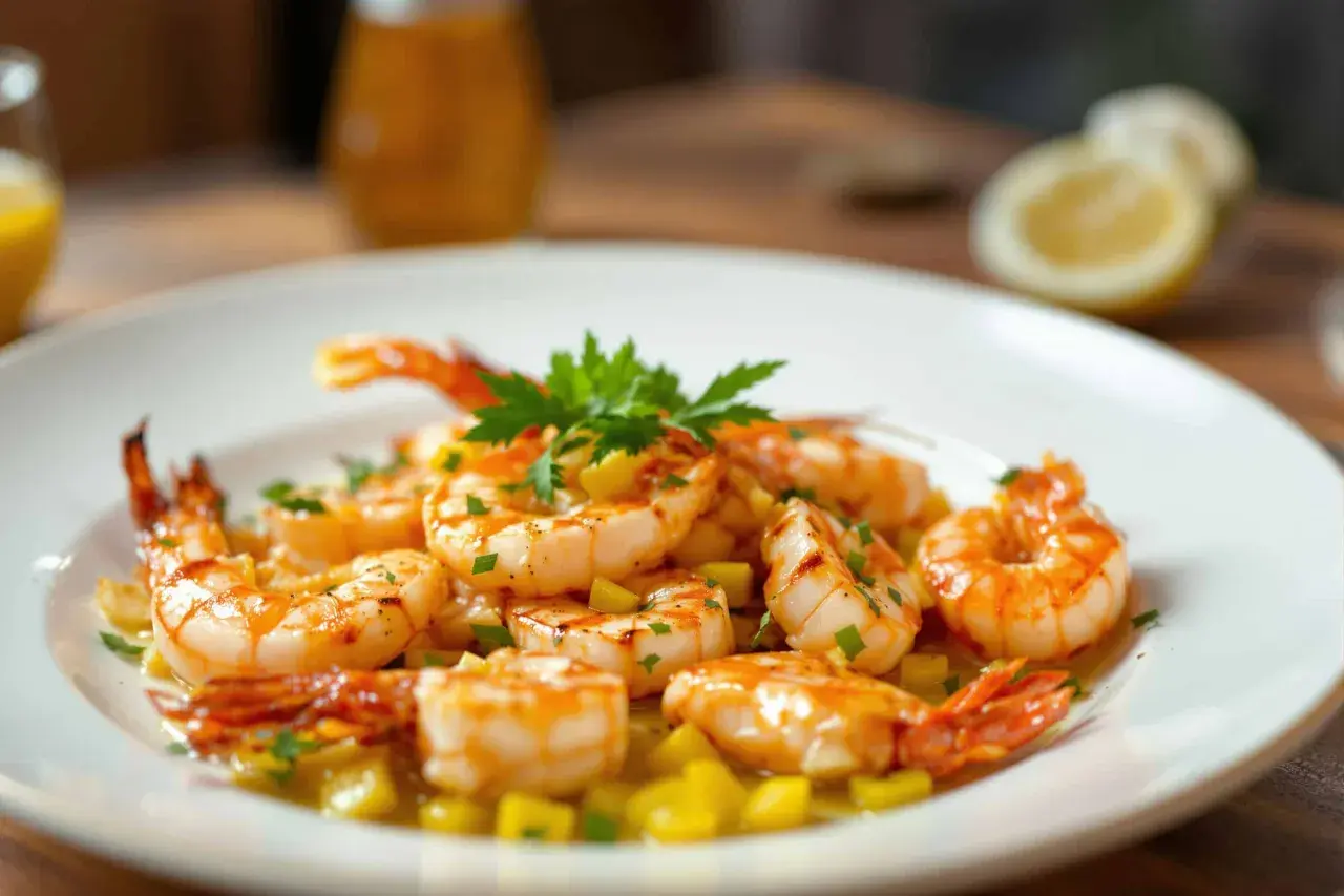 Délicieuse présentation de crevettes grillées, garnies de persil frais et de dés de mangue, sur une assiette blanche.