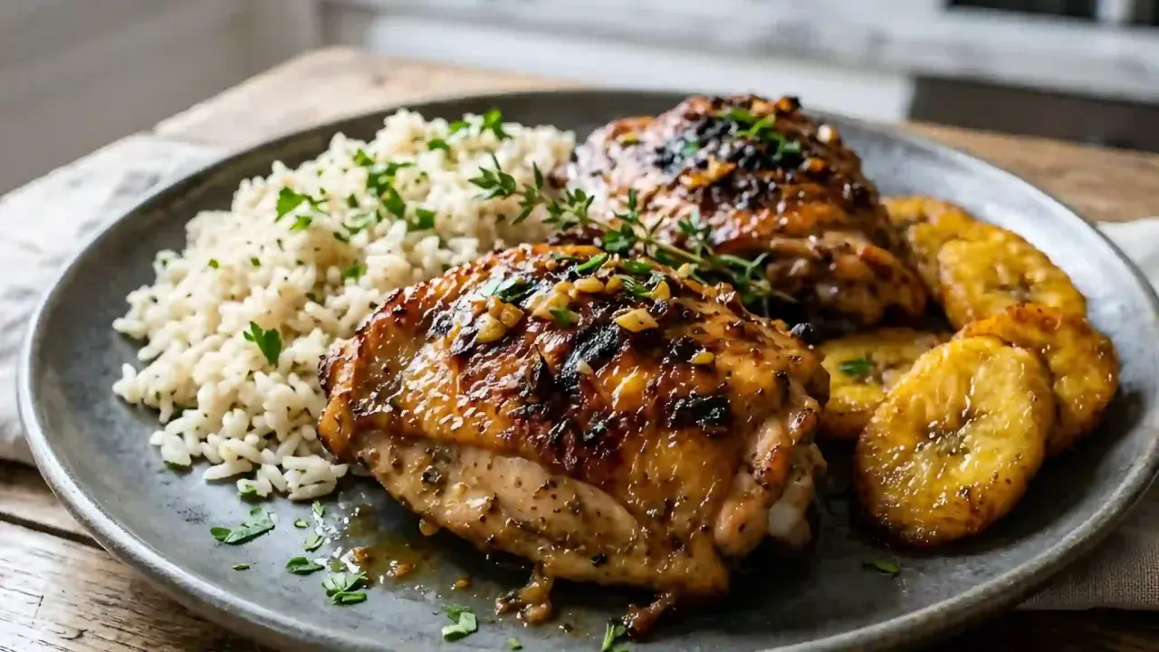 Deux morceaux de poulet boucané, brillants et savoureux, accompagnés de riz blanc parsemé de persil et de bananes plantains frites.