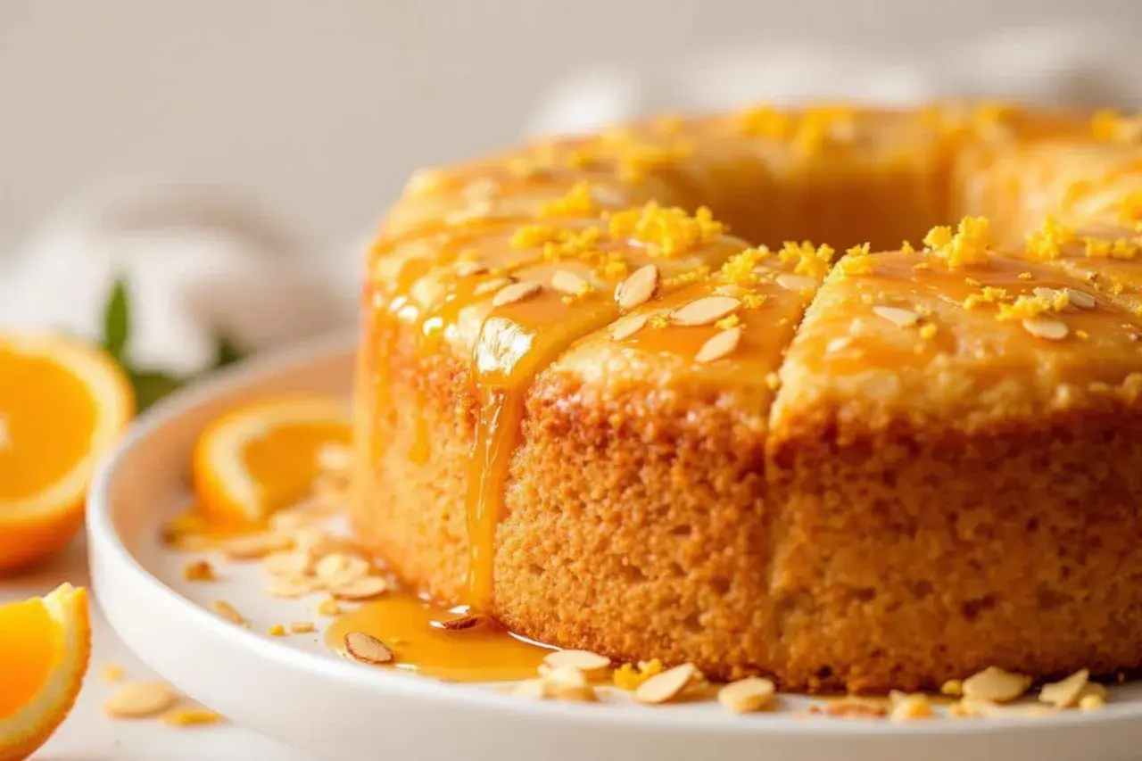 Gâteau semoule orange moelleux, nappé d'un glaçage doré, parsemé d'amandes effilées et de zestes d'orange.