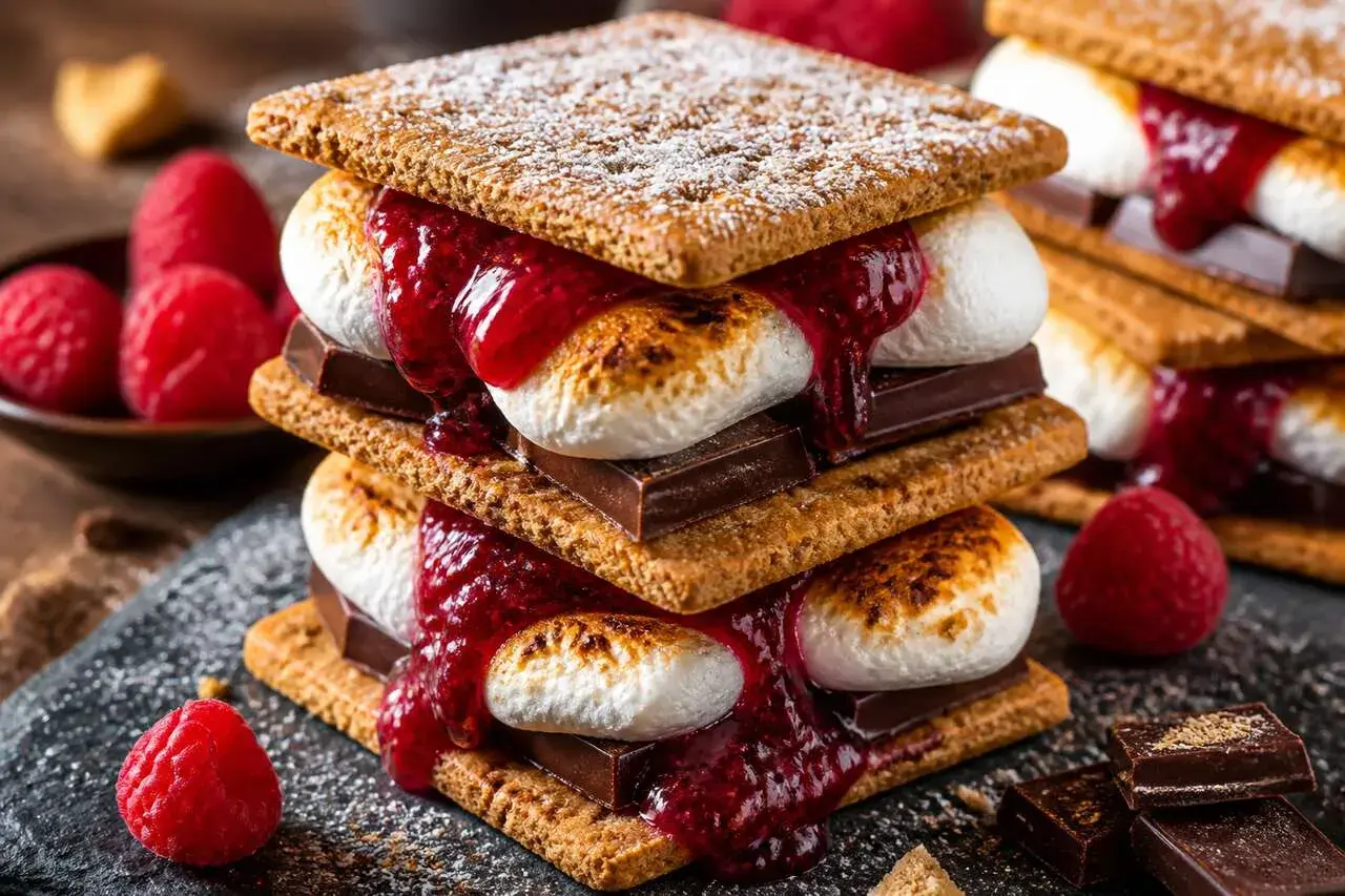 Un délicieux dessert Mars : des s'mores empilés avec guimauves grillées, chocolat fondant, coulis de framboise et biscuits craquants.