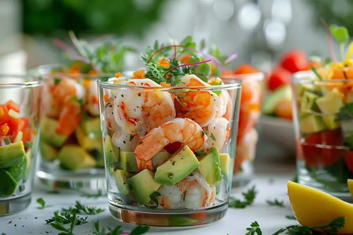 Verrines avocat crevettes, un délice frais et coloré. Des crevettes juteuses et des dés d'avocat crémeux, parfaits pour un apéritif léger.