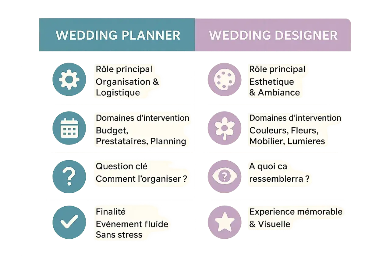 Comparaison des rôles : Wedding Planner (organisation, budget, planning) vs Wedding Designer (esthétique, couleurs, ambiance). Le wedding planner prix est un facteur clé.