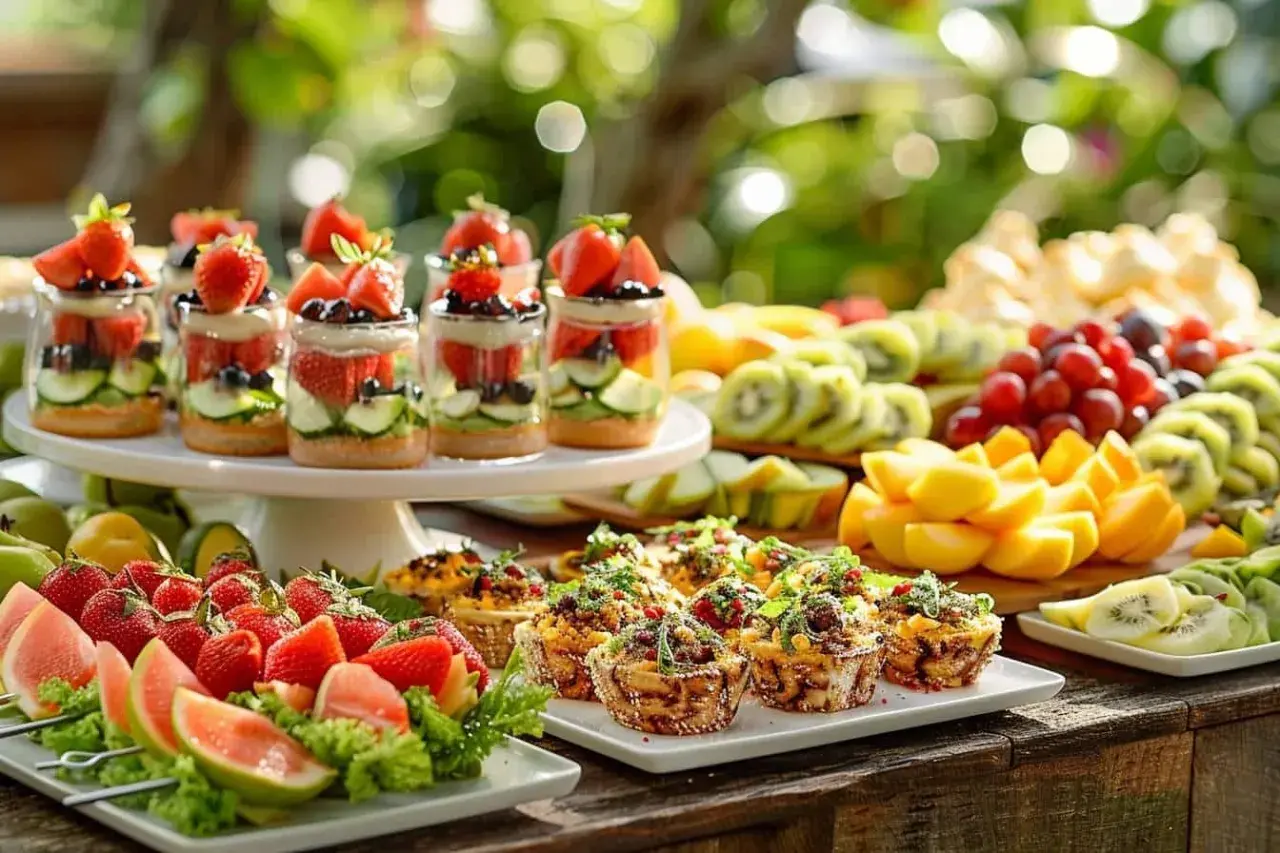 Un apéritif mariage simple et coloré : verrines de fruits frais, brochettes de fruits, mini-quiches et plateau de fruits variés.