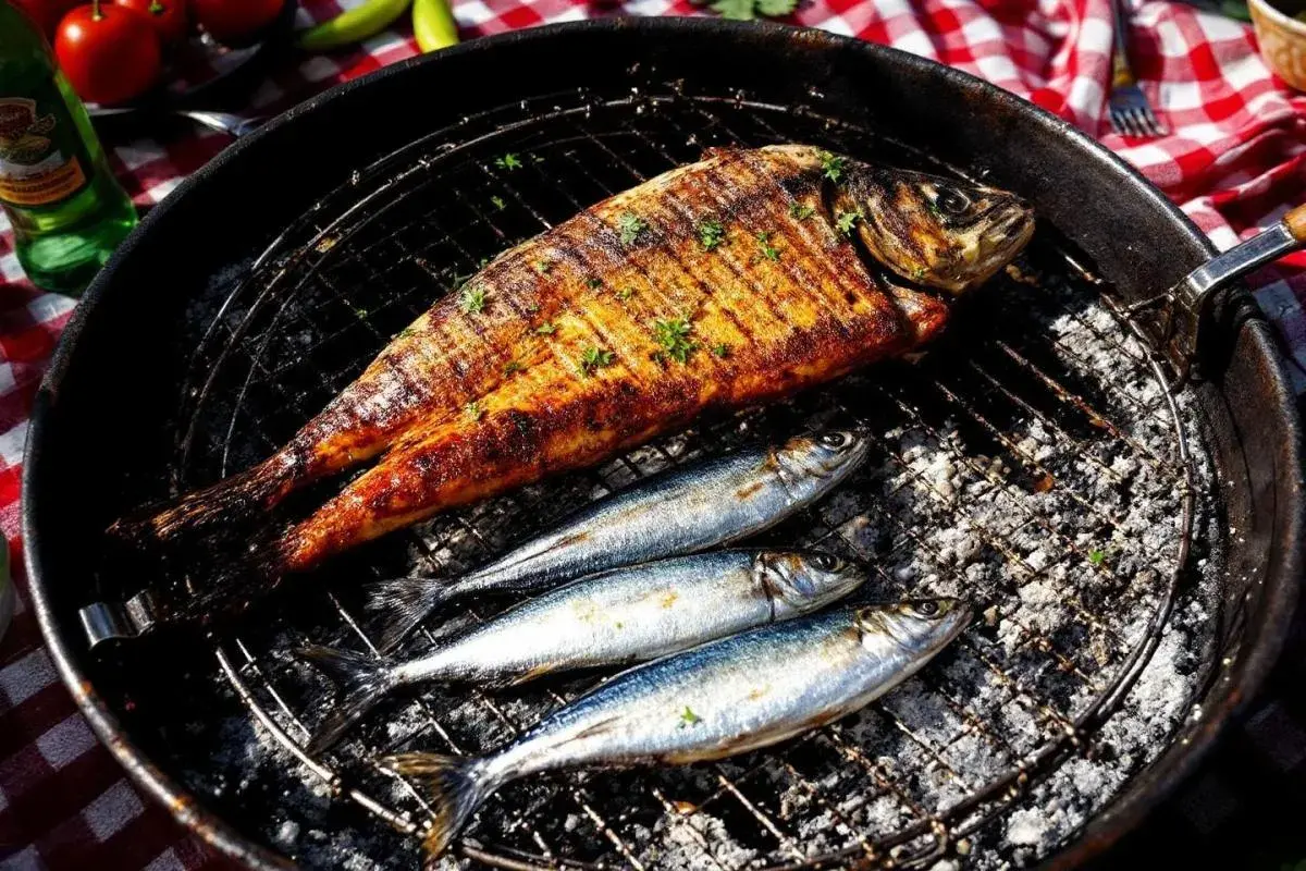 Poisson grillé et sardines sur un barbecue. Faut-il écailler les sardines avant de les griller ? La réponse est dans l'image.