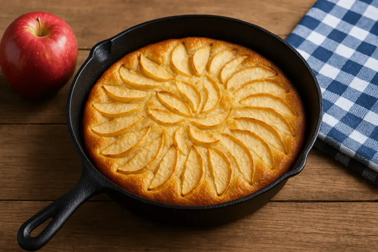 Un délicieux gâteau léger aux pommes à la poêle, joliment décoré de quartiers de pommes, prêt à être dégusté. Une pomme rouge à côté et une serviette à carreaux bleus complètent la scène.