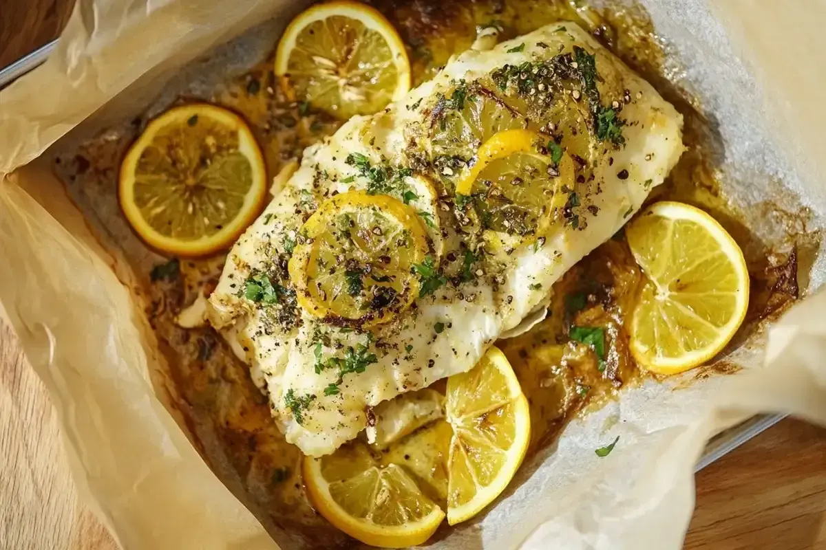 Un délicieux lieu en papillote, parsemé de rondelles de citron et d'herbes fraîches, cuit à la perfection dans du papier sulfurisé.