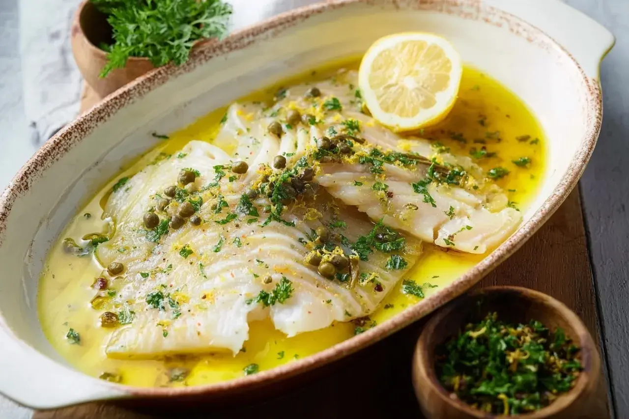 Délicieuse aile de raie pochée, nappée d'une sauce citronnée et garnie de câpres et de persil frais.