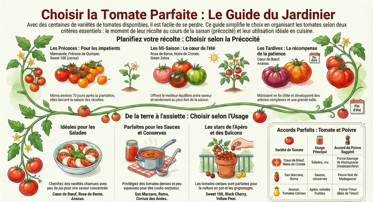 Guide du jardinier pour choisir la tomate parfaite. Il présente les variétés précoces, mi-saison et tardives, ainsi que leur usage idéal : salades, sauces, conserves, apéro. Une recette tomate est suggérée.