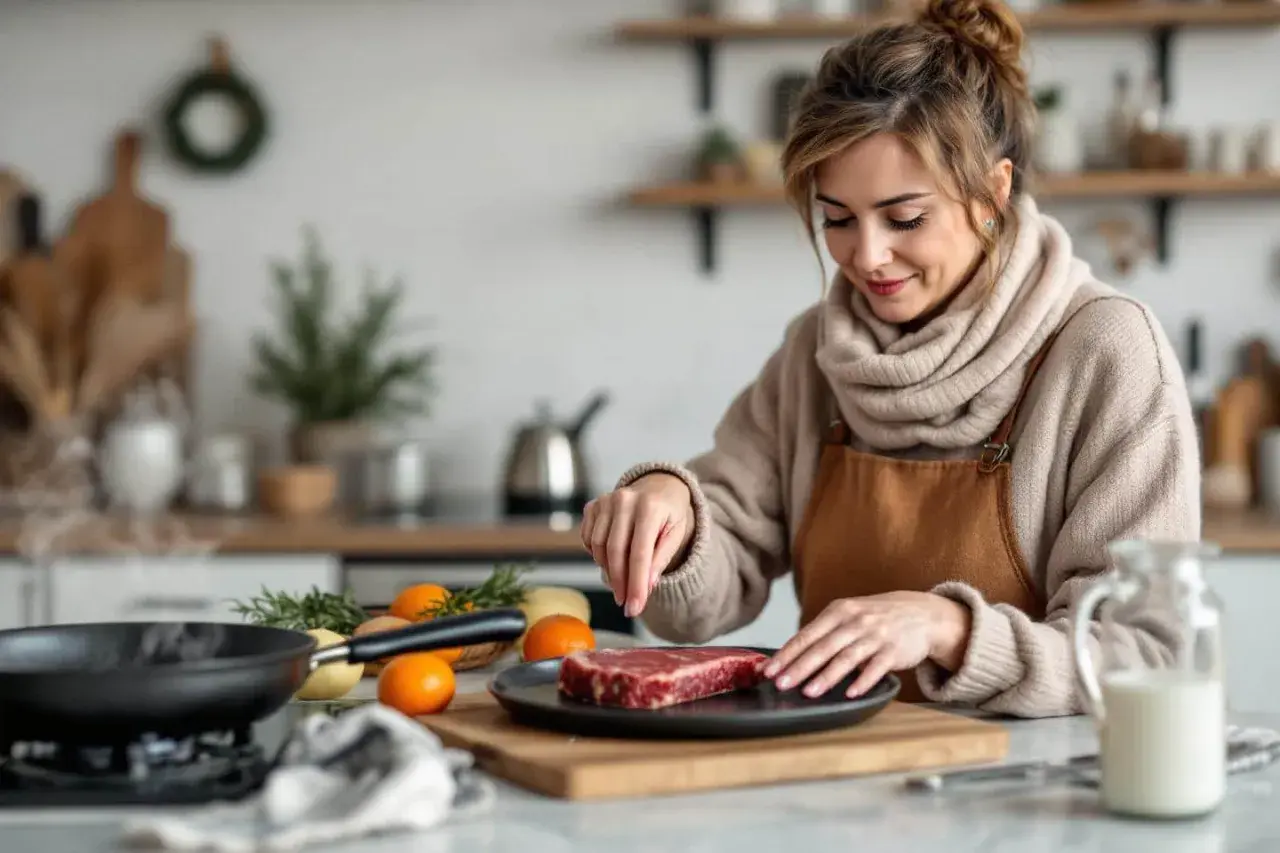Une femme prépare un steak dans sa cuisine. Elle assaisonne la viande, se demandant s'il faut sortir la viande du frigo avant cuisson pour un meilleur résultat.