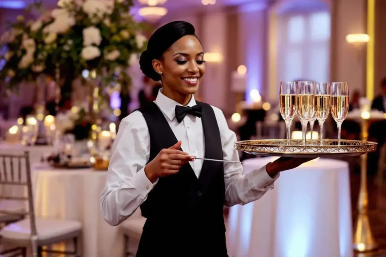 Serveuse souriante portant un plateau de coupes de champagne. Idéal pour un mariage, découvrez le serveur pour mariage tarif.