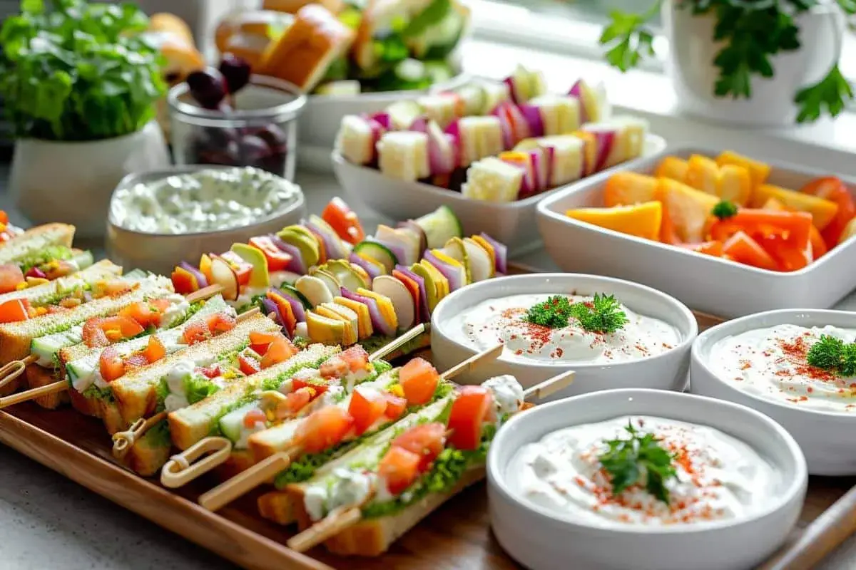 Un délicieux apéro dinatoire pour un mariage : mini sandwichs, brochettes de légumes colorés et dips crémeux.