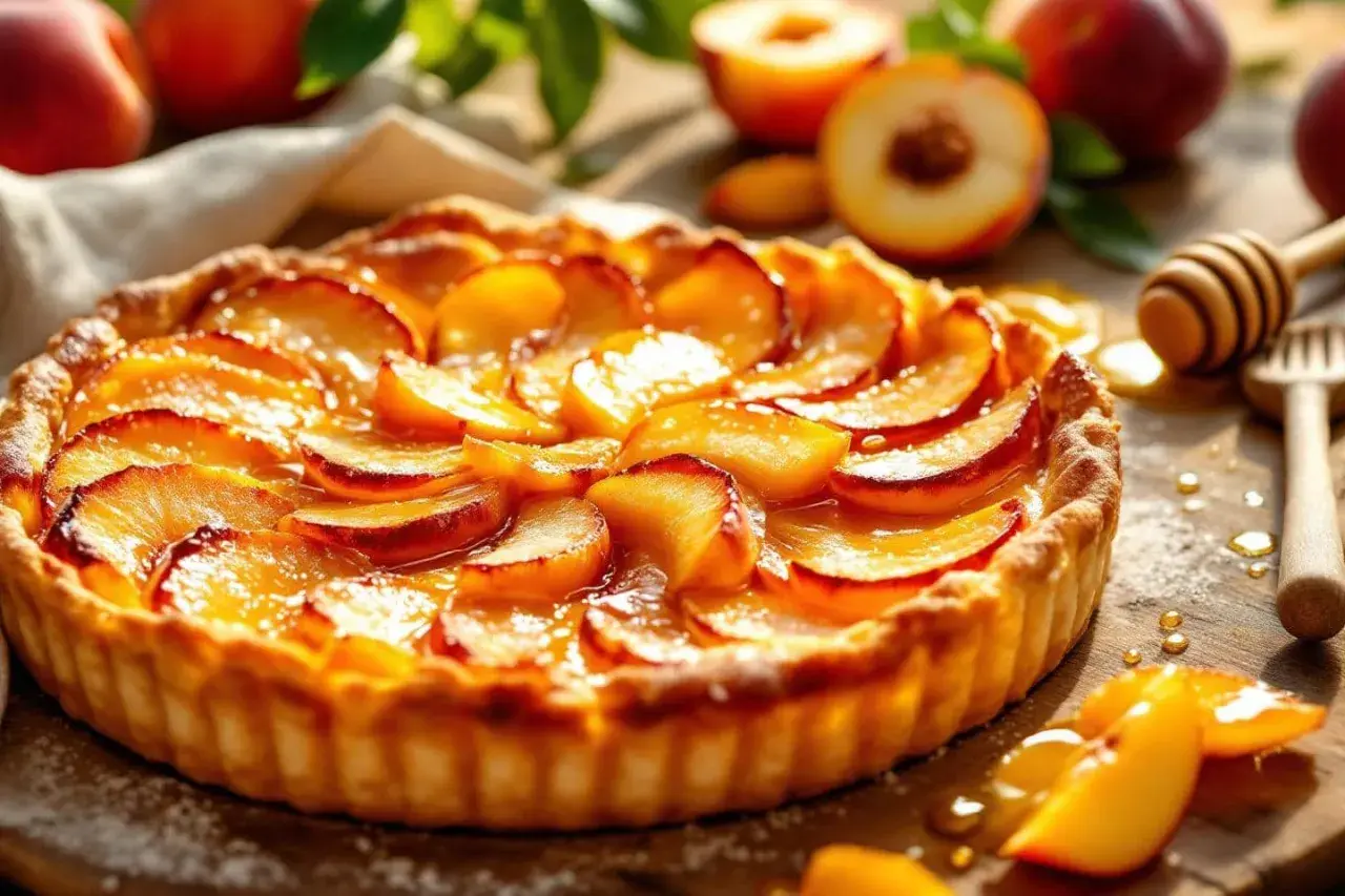 Une tarte croustillante aux pêches, dorée et appétissante, baignant dans un jus sucré. Des pêches fraîches et un miel doré complètent ce délice.
