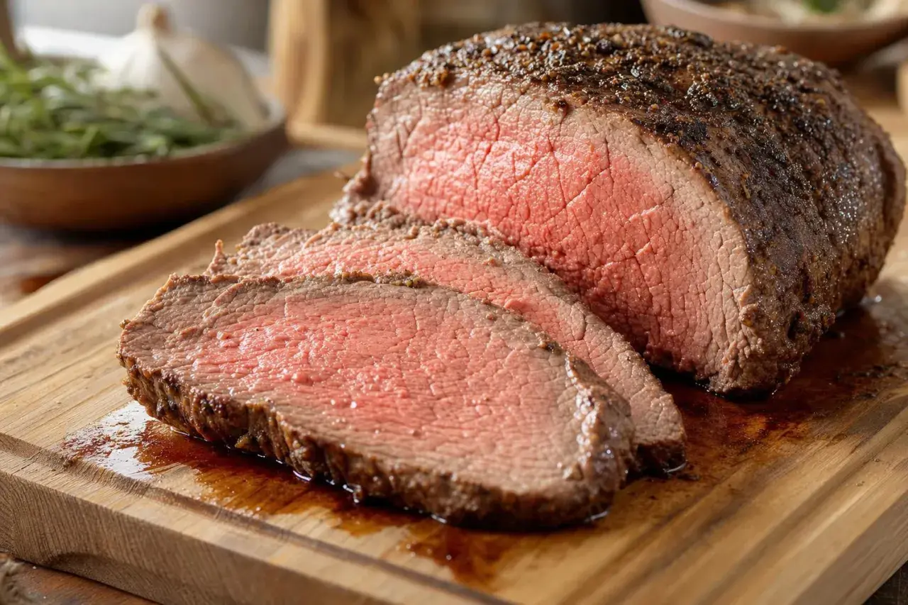 Un rôti de bœuf juteux, tranché sur une planche en bois. J'ai oublié de mettre la viande au frigo, mais elle a l'air délicieuse !