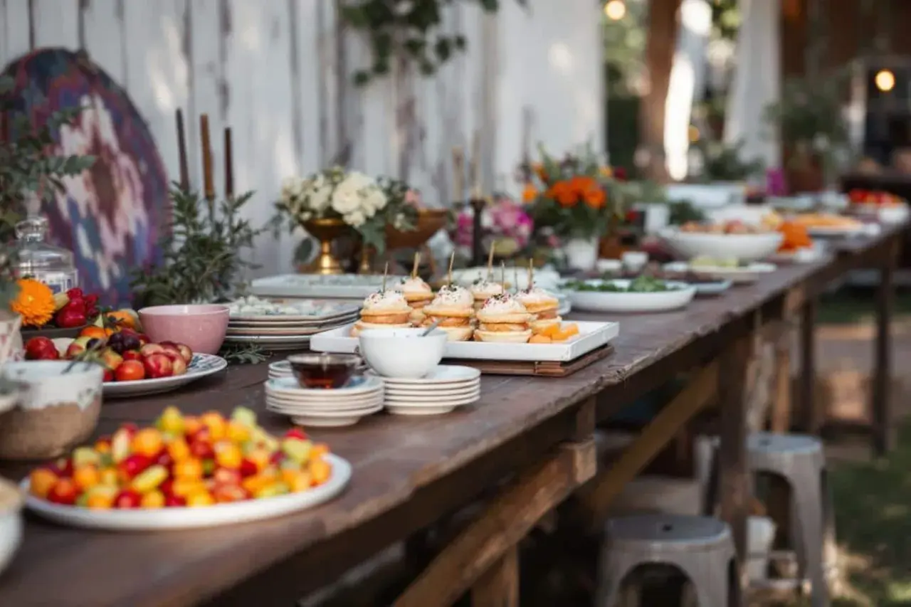 Buffet mariage bohème chic : petits fours, salades de fruits colorées et fleurs champêtres sur une table en bois rustique.