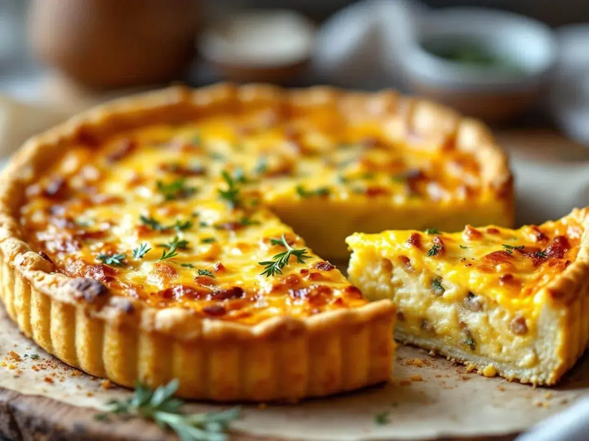 Une quiche aux sardines dorée, garnie d'herbes fraîches, avec une part coupée pour révéler sa texture crémeuse. Un délice à savourer.