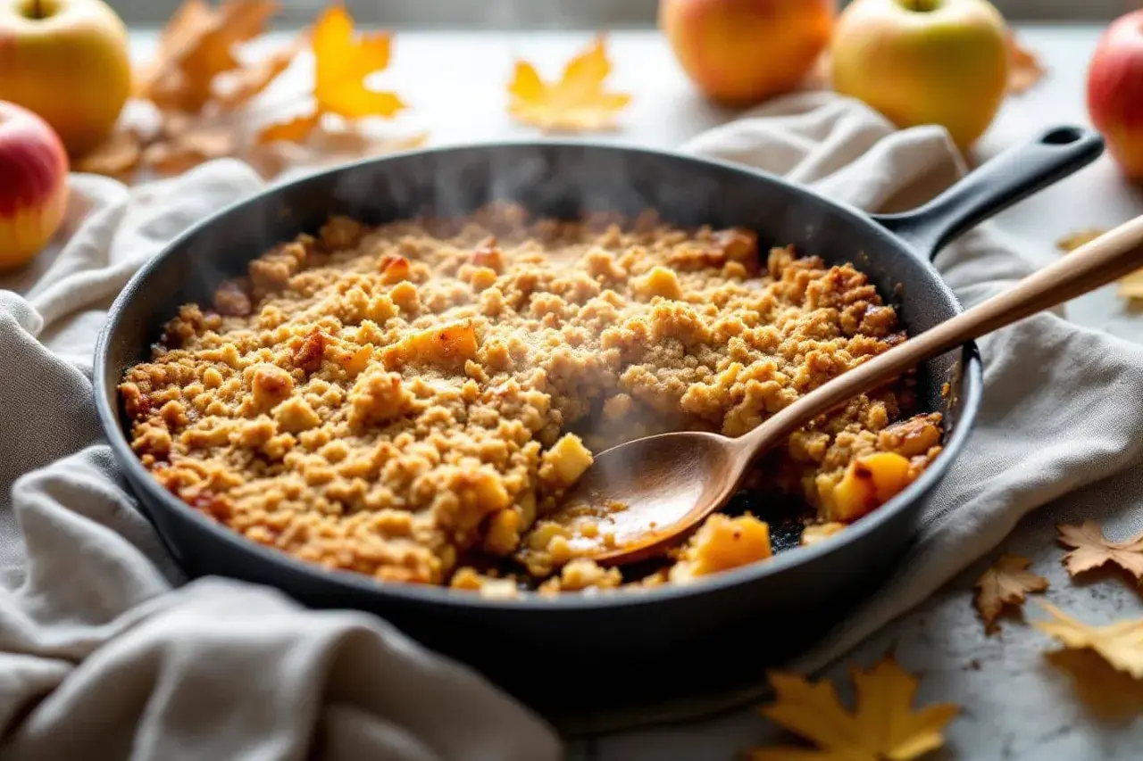 Un délicieux crumble aux pommes tout juste sorti de la poêle, fumant et prêt à être dégusté. Une cuillère en bois attend patiemment.