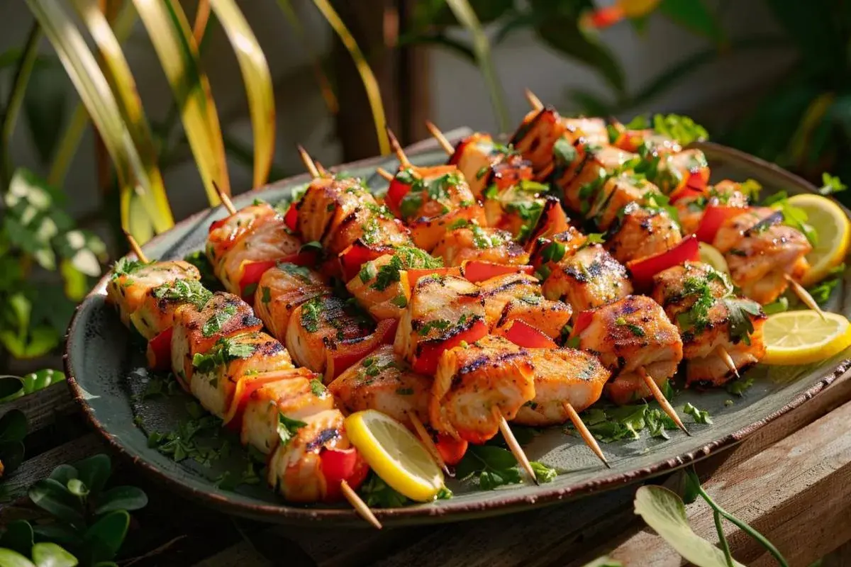 Délicieux accompagnement brochette de poisson grillé, garni de persil frais et de quartiers de citron, prêt à être dégusté.