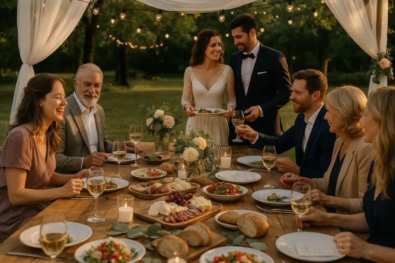 Un joyeux repas de mariage en plein air, avec des invités souriants autour d'une table dressée.