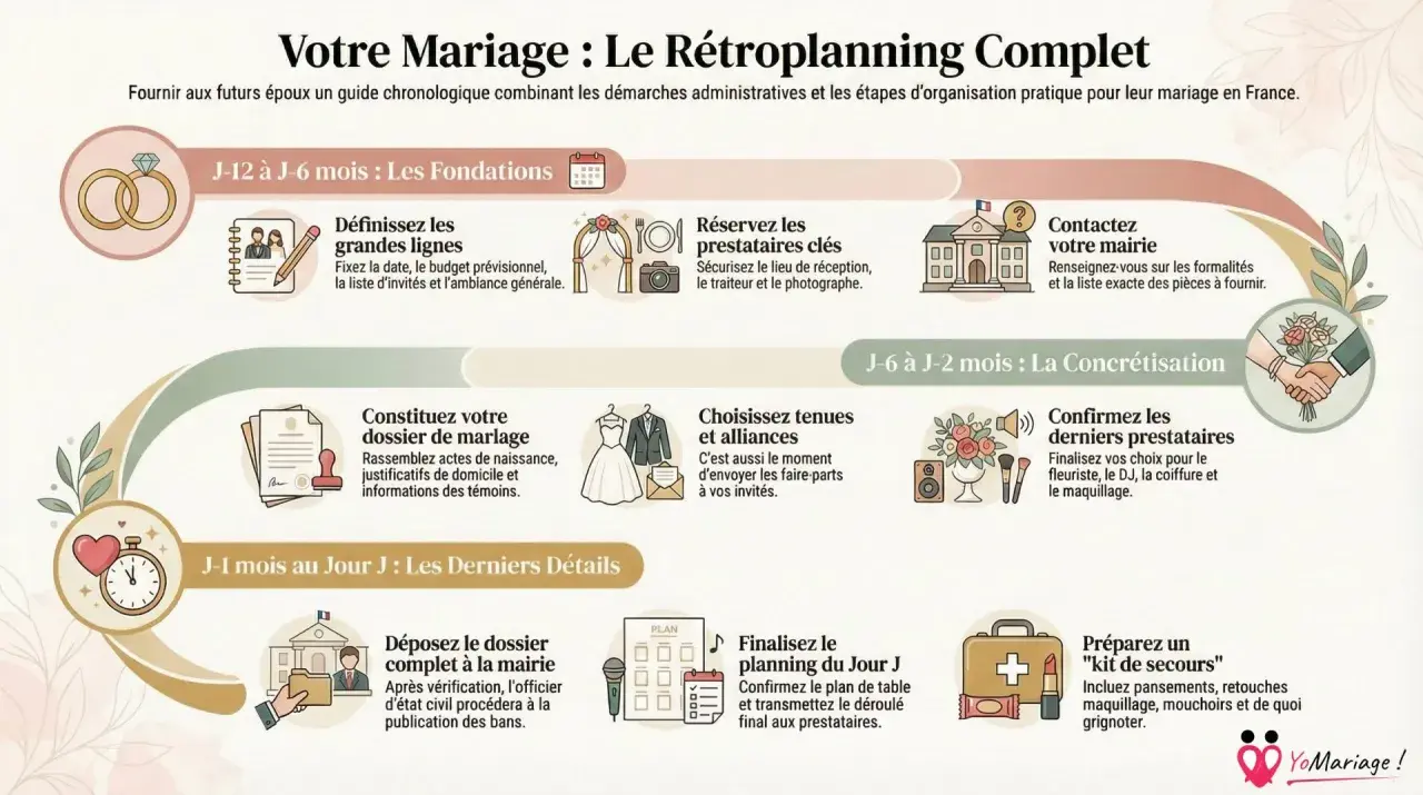 Guide chronologique pour un mariage : du rétroplanning mariage à la préparation du jour J, avec les étapes clés et les tâches à accomplir.