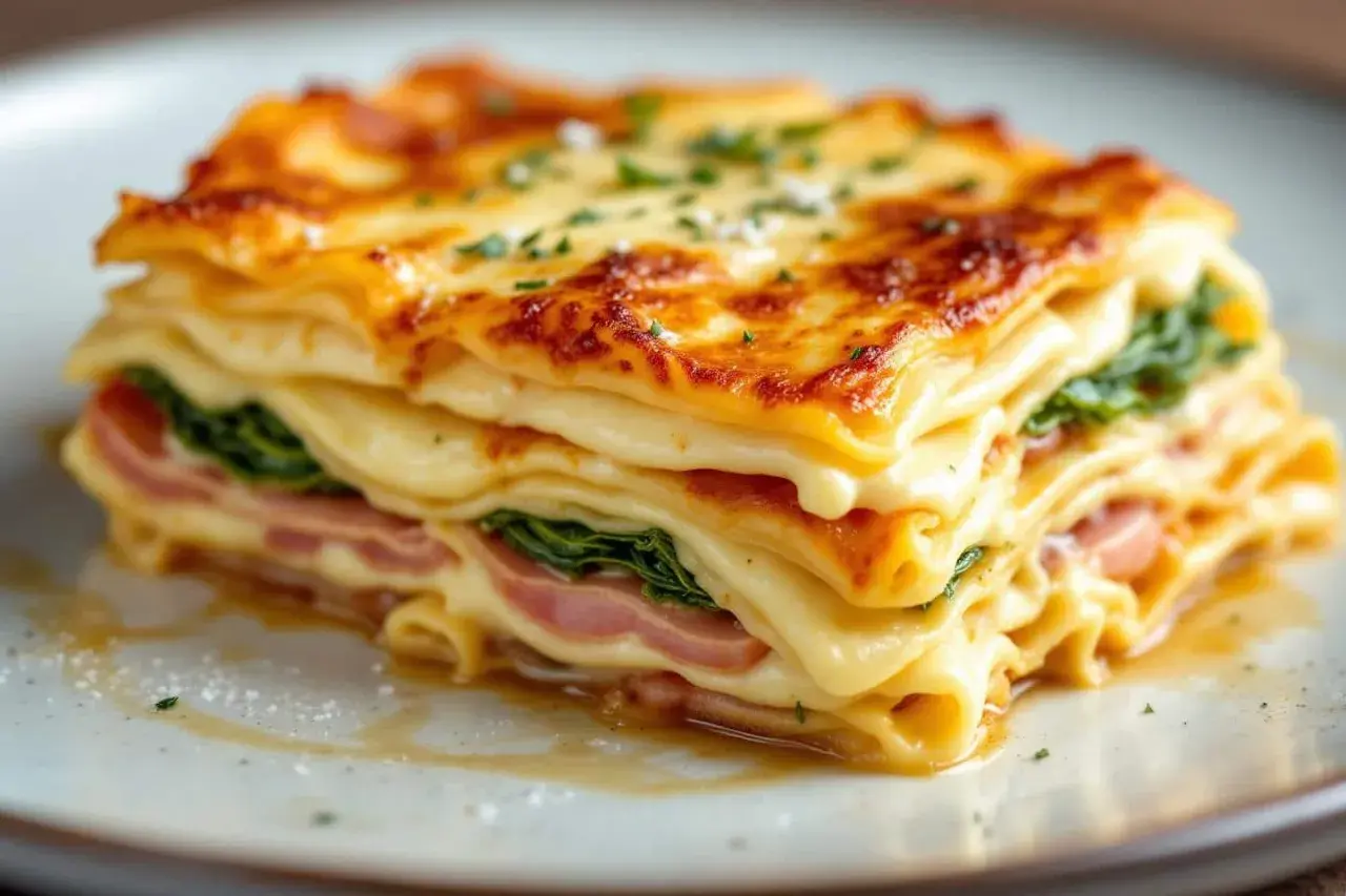 Lasagnes poireaux béchamel dorées, garnies de jambon et d'épinards, sur une assiette grise.