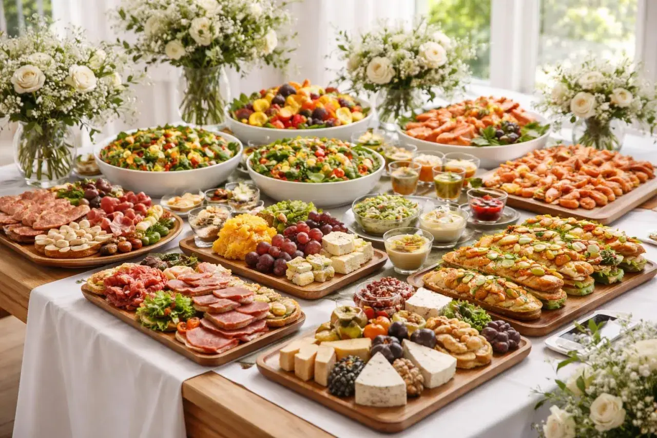 Un magnifique buffet dinatoire de mariage, avec salades colorées, charcuteries, fromages et fruits, prêt à régaler les invités.