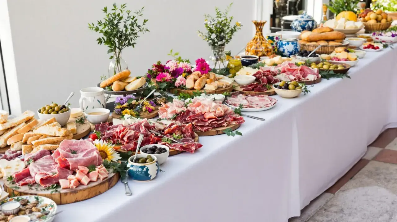 Un buffet généreux avec une présentation soignée : charcuteries, pains, fromages, olives et fleurs. L'étiquette de présentation buffet est respectée.
