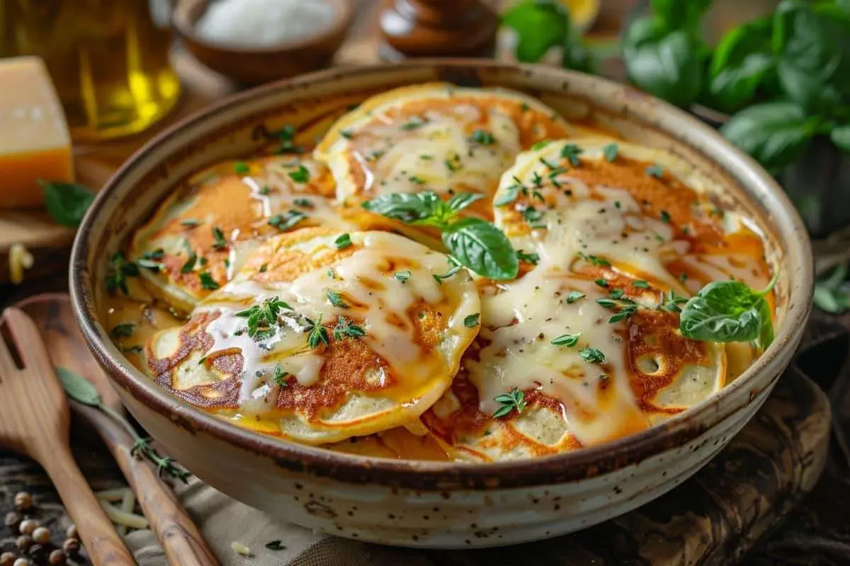 Un plat réconfortant de mini crêpes salées, nappées de fromage fondant et garnies d'herbes fraîches. Un délice à partager !