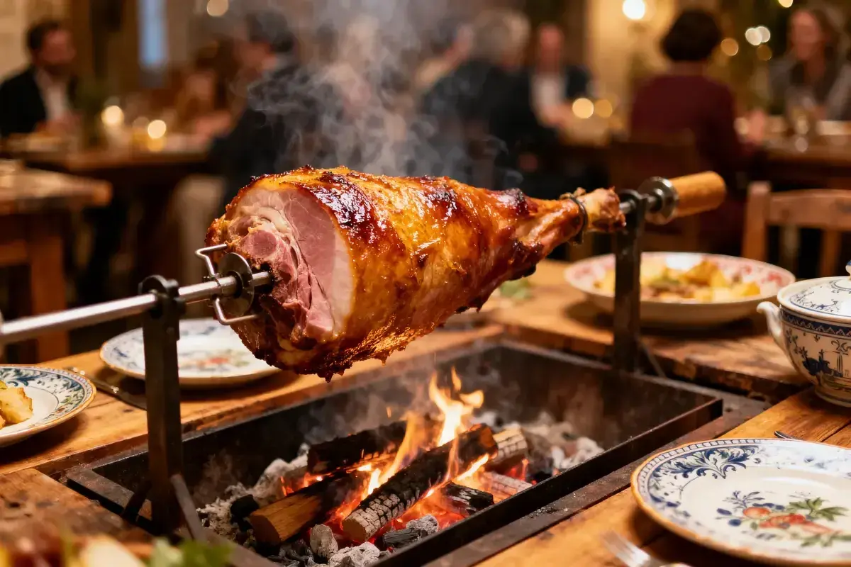 Un jambon de 10 kg rôti à la broche sur des braises ardentes, dégageant une vapeur alléchante. Le temps de cuisson parfait pour ce festin.
