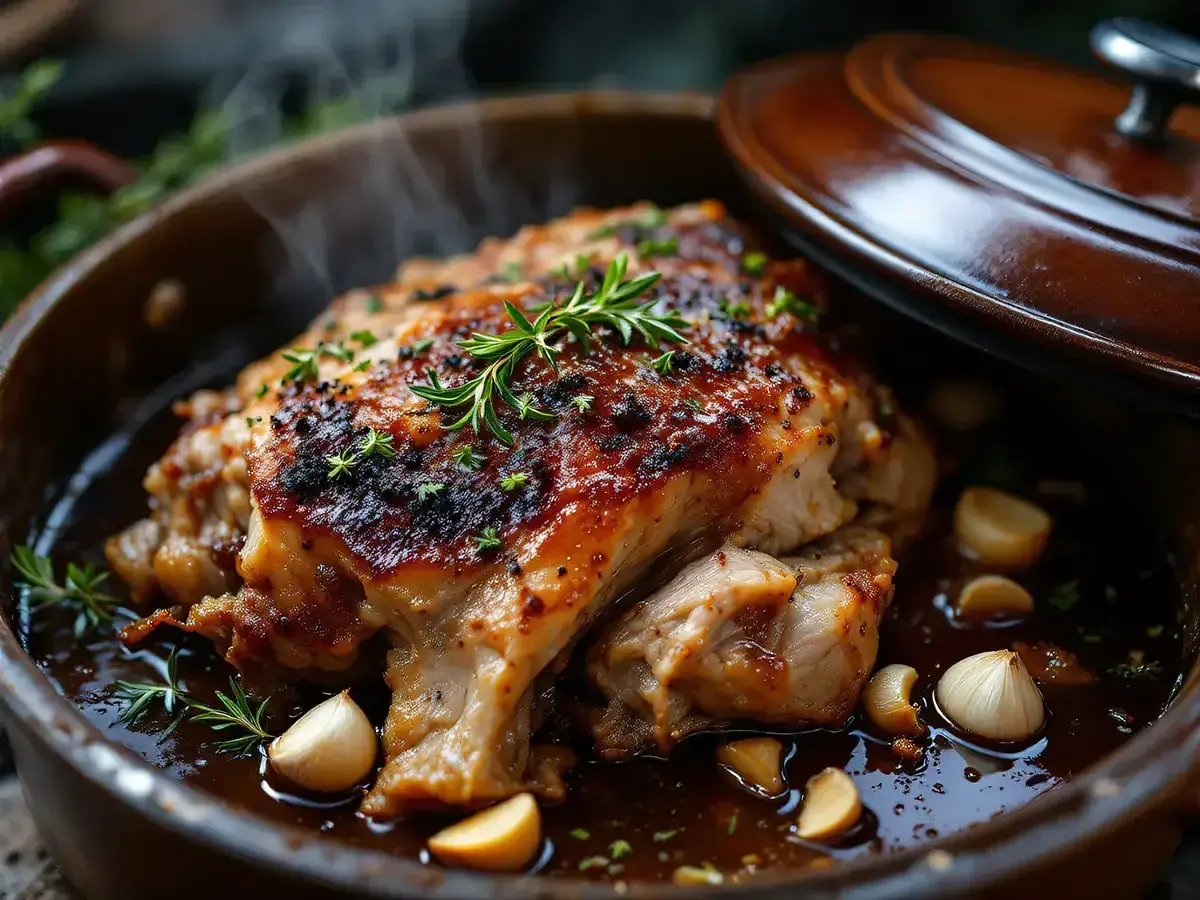 Rouelle de porc juteuse, dorée et fumante, baignant dans sa sauce avec des gousses d'ail et des herbes. Un délice à savourer !