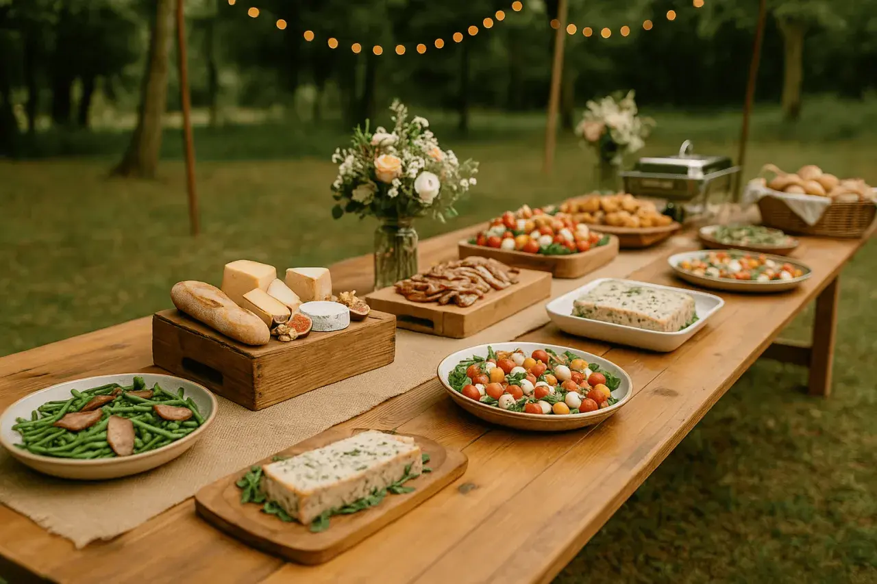 Buffet champêtre avec fromages, pain, salades de tomates et mozzarella, haricots verts, terrine. Une belle idée repas mariage champêtre.