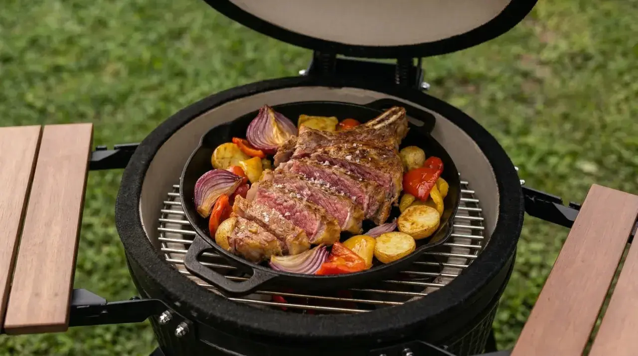Un succulent côte de bœuf au feu de bois, tranché et servi avec des pommes de terre, des oignons rouges et des poivrons dans une poêle en fonte sur un barbecue.