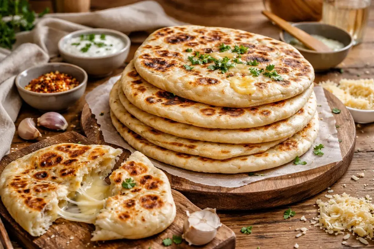 Délicieux naan nature à la poêle, un fromage fondant s'échappe d'un pain ouvert. Accompagné de sauce, d'épices et d'ail.