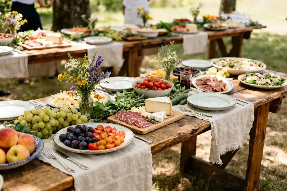 Un magnifique buffet champêtre pour un anniversaire, avec fruits frais, fromages, charcuterie et salades, dressé sur des tables en bois rustiques en extérieur.