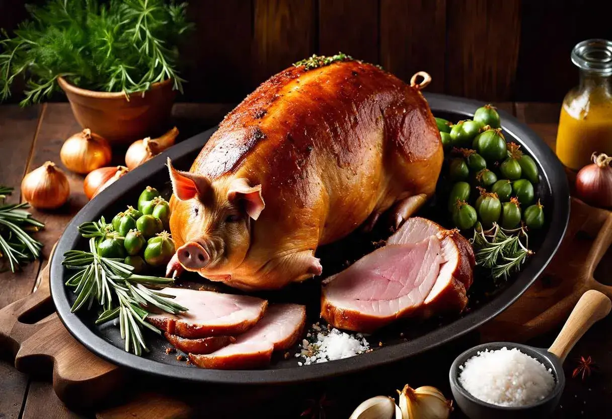 Un magnifique cochon à la broche doré, servi avec des tranches de viande, des petits fruits verts, des oignons et des herbes aromatiques.