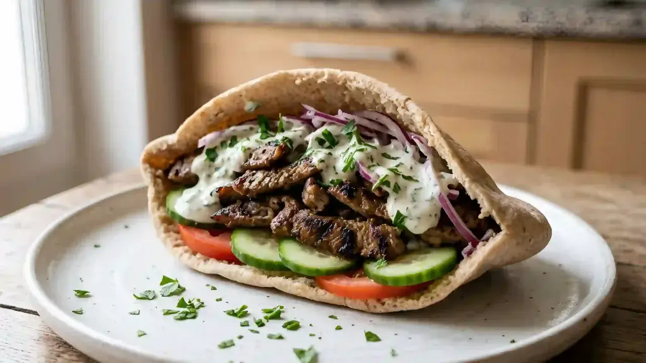 Un généreux sandwich pita garni de fines tranches de viande marinée kebab, de tomates, de concombres, d'oignons rouges et d'une sauce blanche crémeuse.