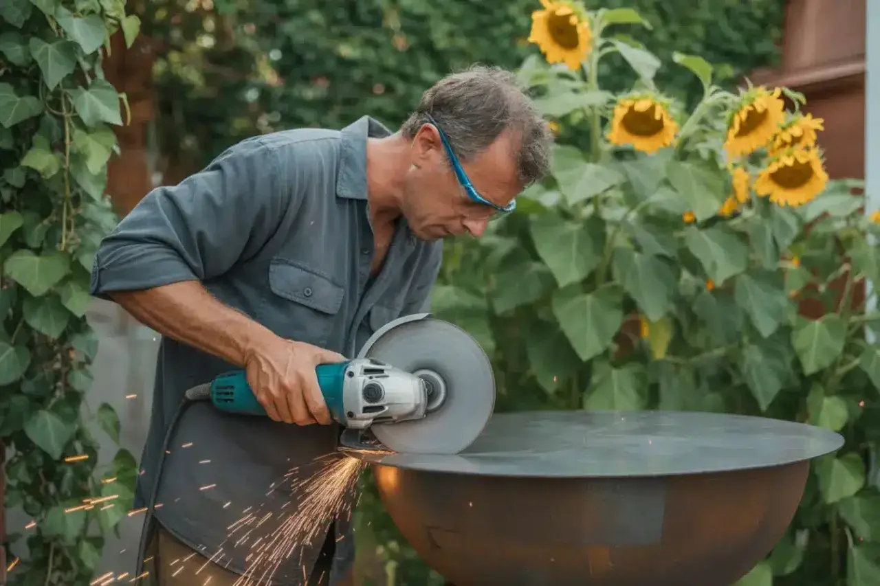 Un homme fabrique un brasero barbecue fait maison, des étincelles jaillissent.