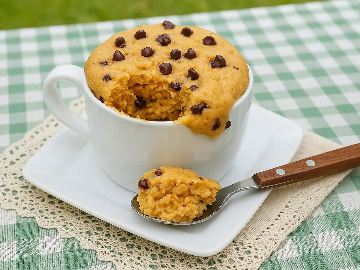 Un délicieux mug cake salé aux pépites de chocolat, prêt à être dégusté à la cuillère.