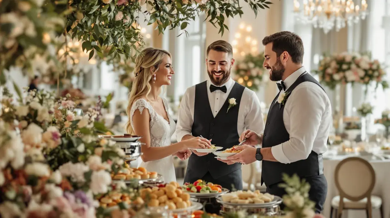 Un couple de mariés et un serveur choisissent des plats sur un buffet. Le décor floral et les lumières suggèrent un événement élégant, où le prix traiteur mariage est justifié par la qualité.