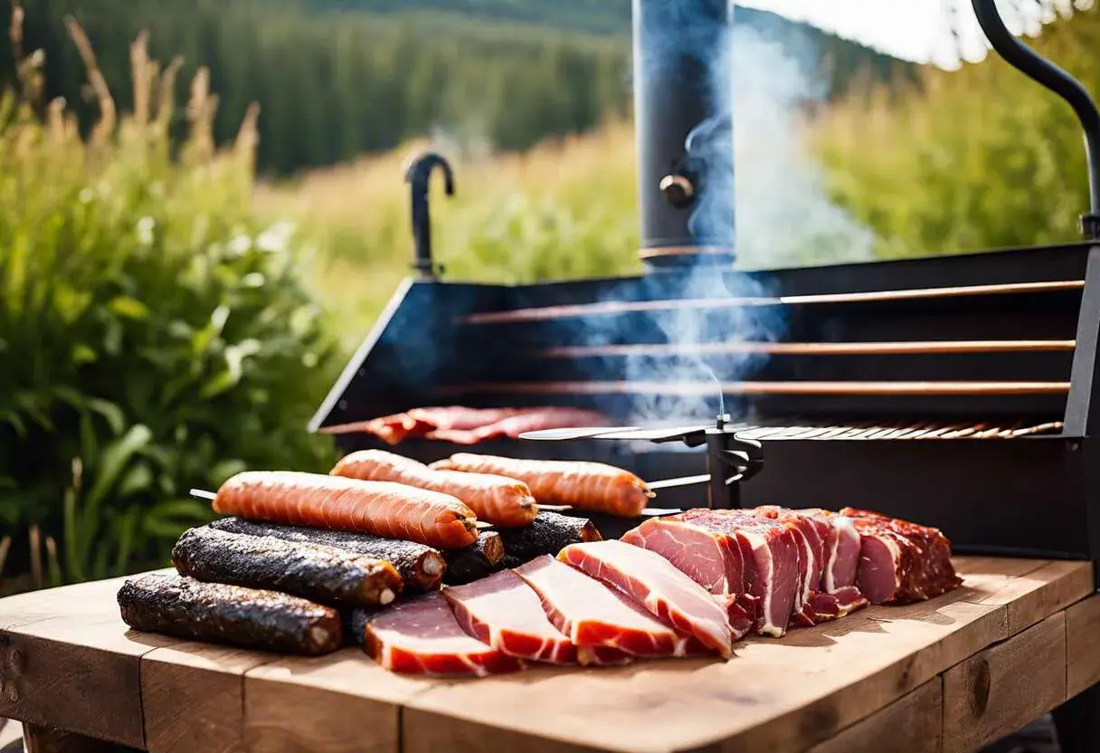 Saucisses, poisson et viande prêts pour le fumage à froid dans un fumoir extérieur. La fumée s'échappe du conduit.