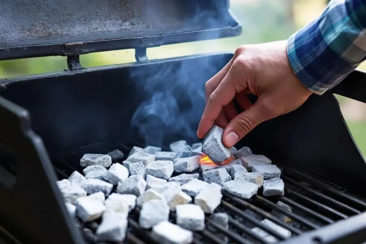 Une main allume des briquettes de charbon dans un barbecue, de la fumée s'échappe. La question est : combien de temps pour allumer un barbecue ?