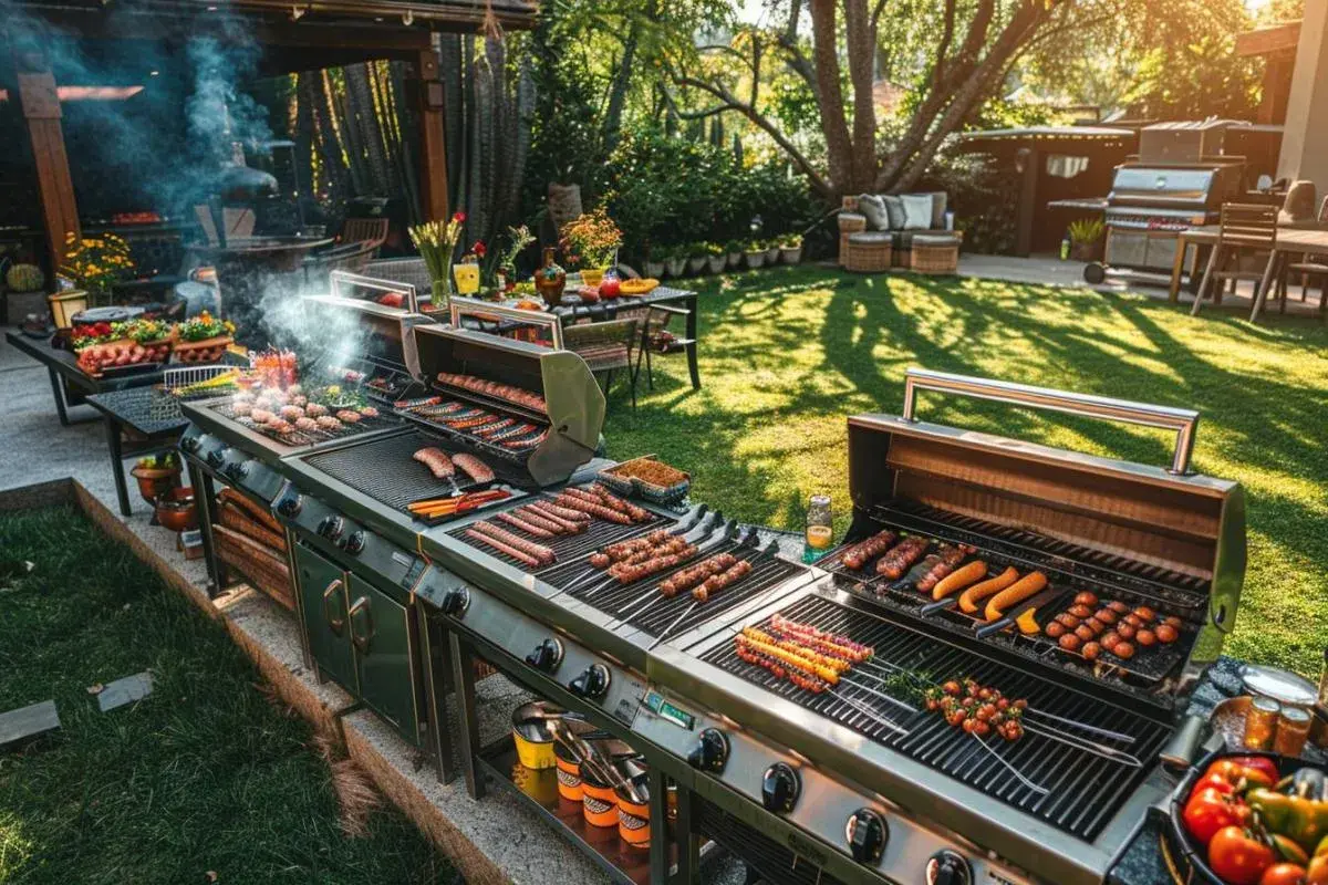 Un grand barbecue en plein air, prêt pour un apéro barbecue. Des saucisses, brochettes et légumes grillent sur plusieurs niveaux, dans un jardin ensoleillé.