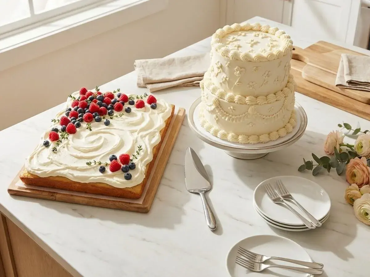 Gâteau rectangulaire décoré de fruits rouges, parfait pour une recette de gâteau pour 20 personnes. Un autre gâteau à étages est à côté.