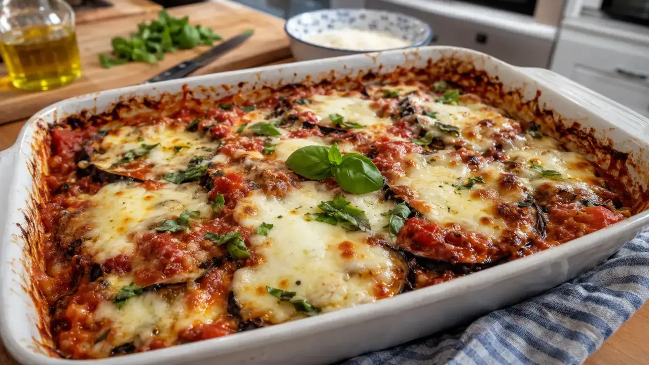 Un plat de gratin de **aubergines grillées au four**, couvert de sauce tomate et de fromage fondant, garni de basilic frais.