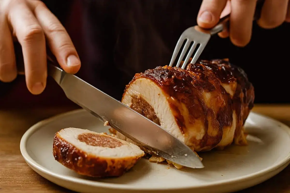 Un délicieux filet mignon farci au barbecue, coupé en tranches, prêt à être dégusté. La vapeur s'échappe de cette viande savoureuse.