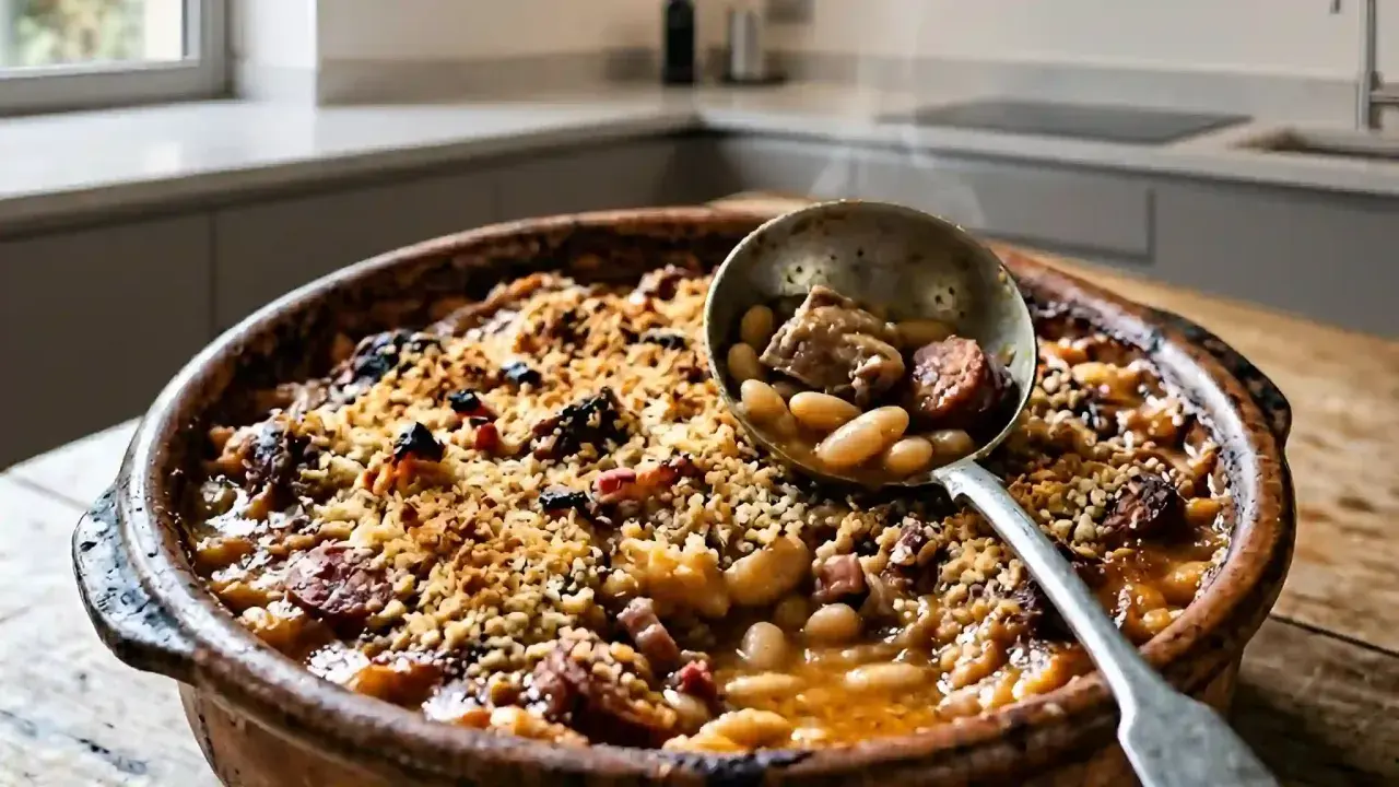 Un plat fumant de cassoulet maison, recette grand-mère, avec une louche remplie de haricots blancs, saucisse et viande.