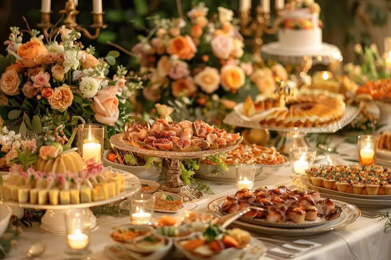 Un buffet somptueux, la formule parfaite pour un mariage : fleurs, bougies et délices sucrés et salés.