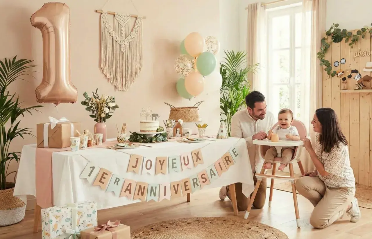 Joyeux 1er anniversaire ! Un buffet décoré avec un ballon chiffre 1, des guirlandes et des cadeaux pour un buffet anniversaire fille 1 an.