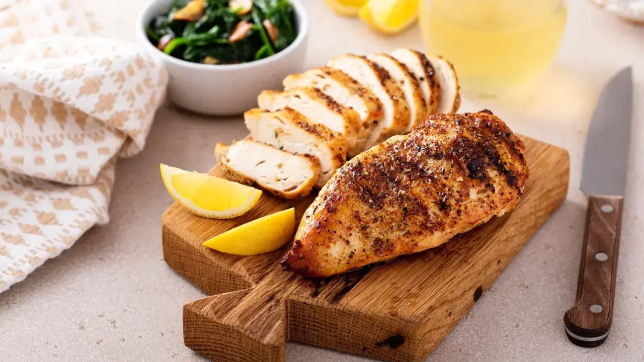 Poulet grillé, tranché, avec quartiers de citron, épinards et un verre de jus. Un plat savoureux, même s'il est resté hors du frigo 24h.