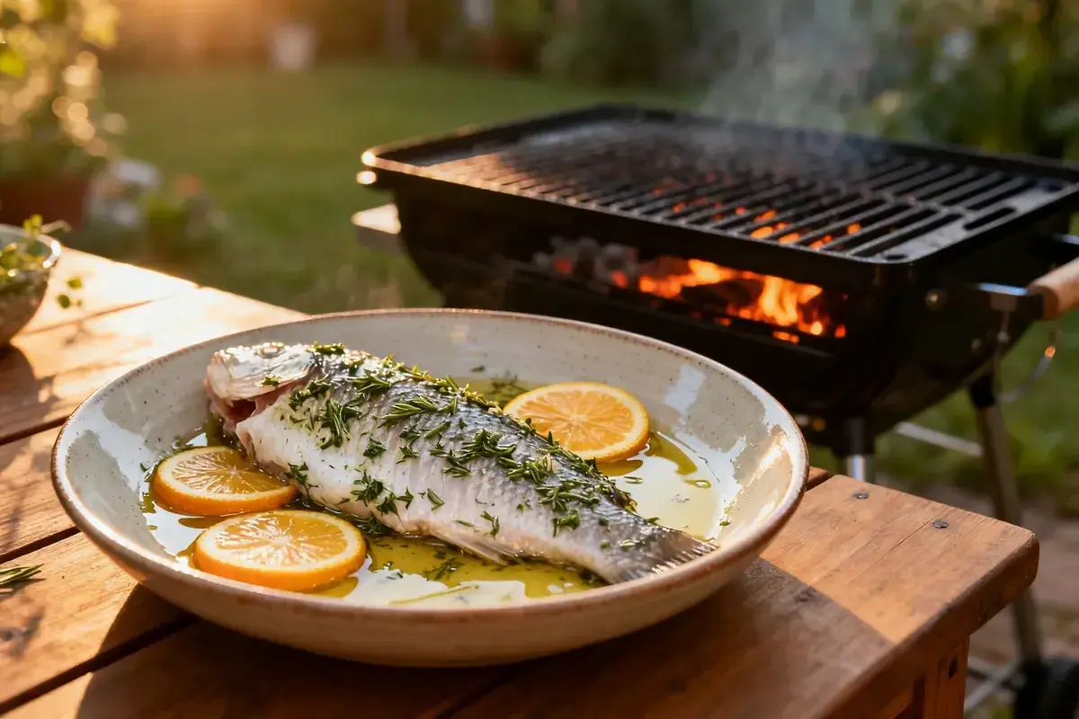 Poisson entier préparé pour un barbecue, servi avec des rondelles d'orange et des herbes. Le barbecue est allumé en arrière-plan.