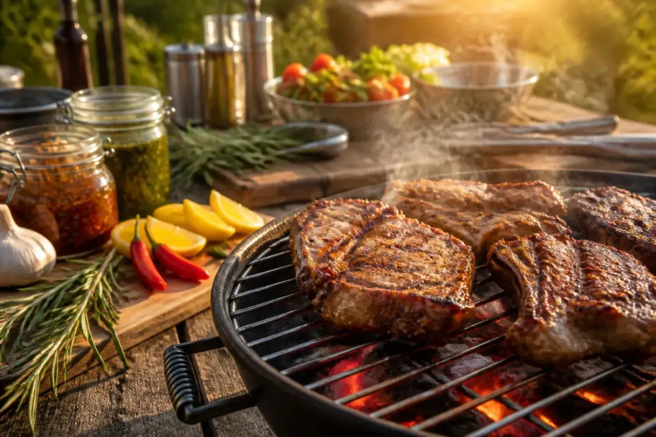 Délicieuse grillade de porc sur le barbecue, avec des accompagnements frais et des herbes aromatiques.